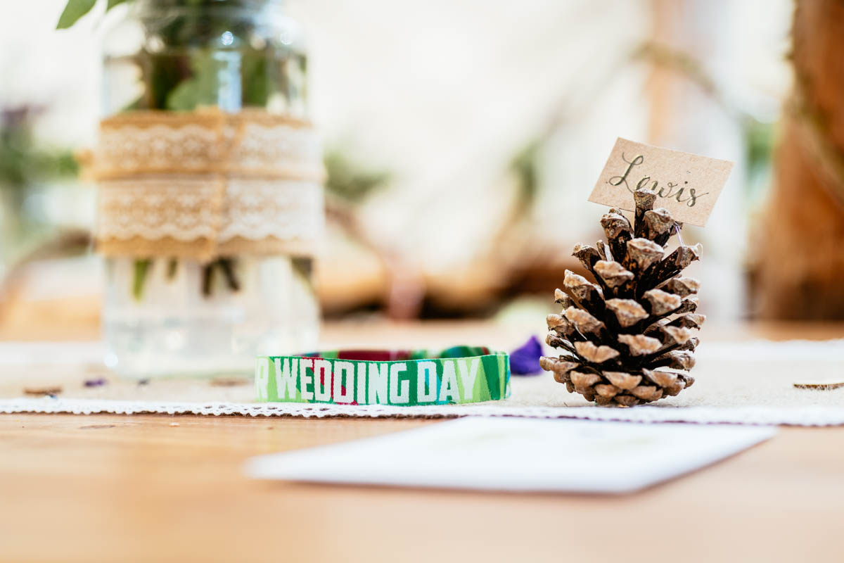 Wedding Festival Wristbands and Place Name Cones